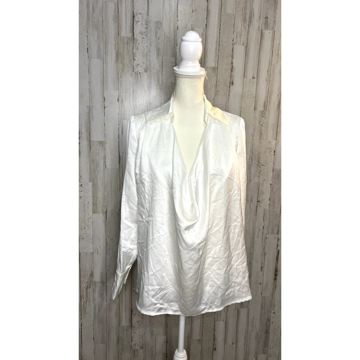 NWT Olia Women's Size Small White Satin Collared Drape Blouse