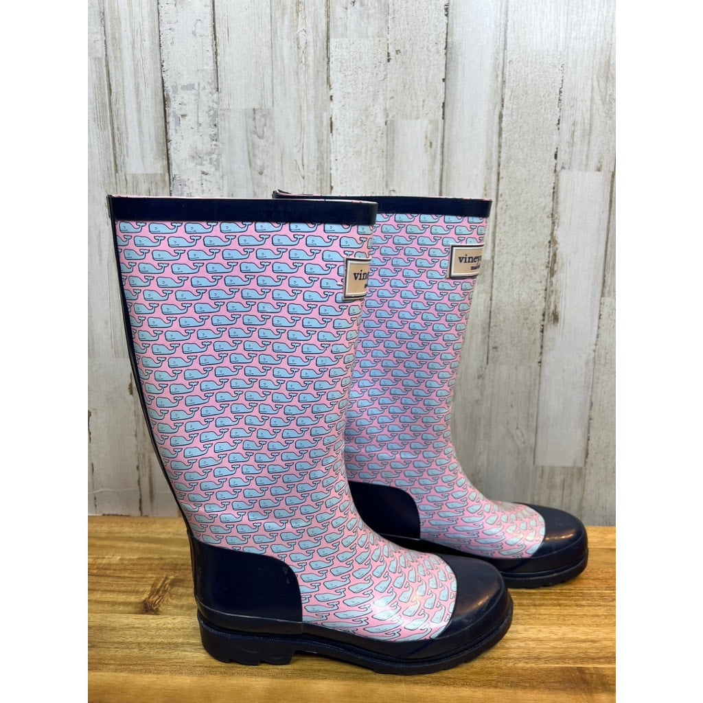 Vineyard Vines Women's Whalies Rain Boots Blue Pink Size 7 Waterproof Durable