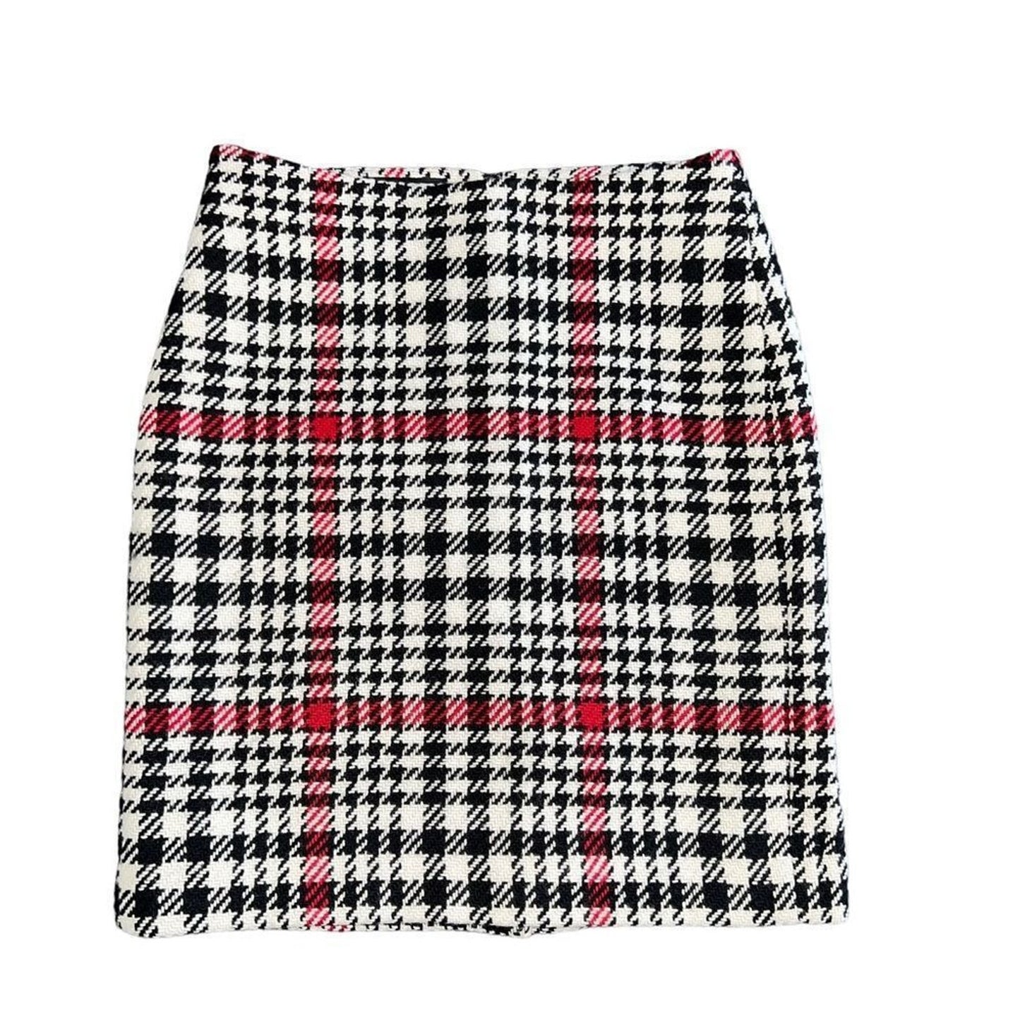 Talbots Skirt Women's Size 2 Black White Red Plaid Wool Houndstooth Knee Lined