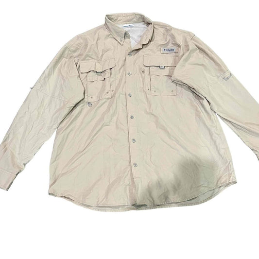 Columbia Men's Large Beige PFG Bahama II Long Sleeve Button-Up Fishing Shirt