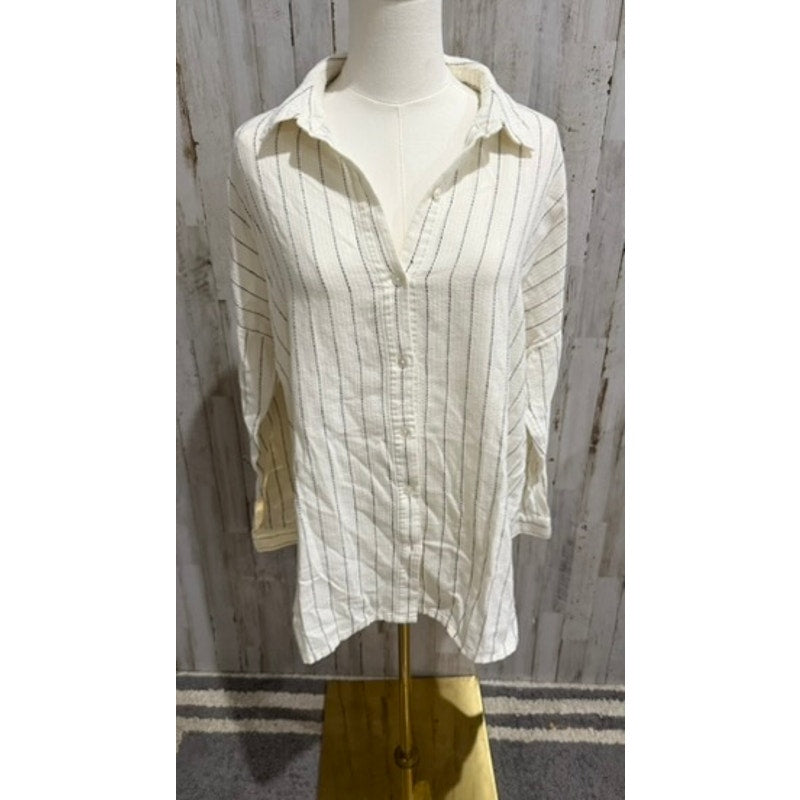 Eileen Fisher Tunic Shirt Womens Petite S/M Ivory Striped Button Front