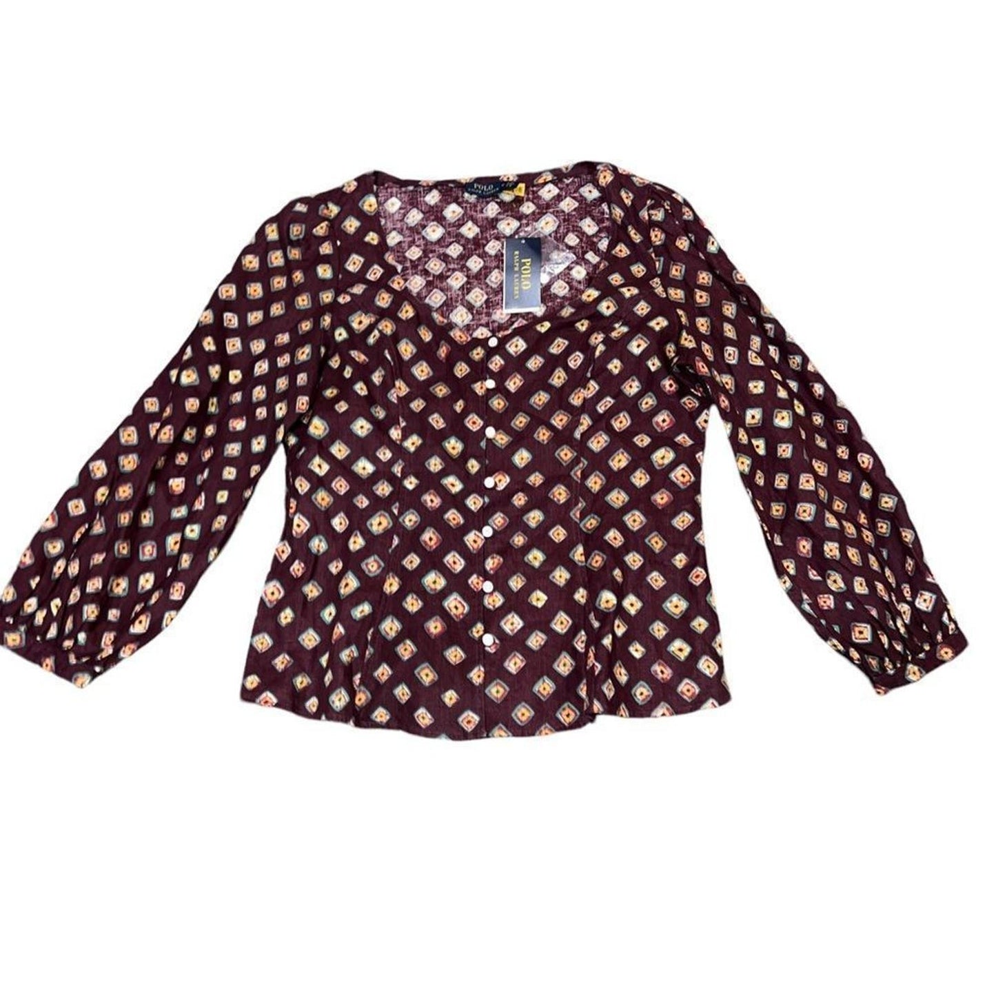Polo Ralph Lauren Block-Print Linen Button-Front Top Size 12
