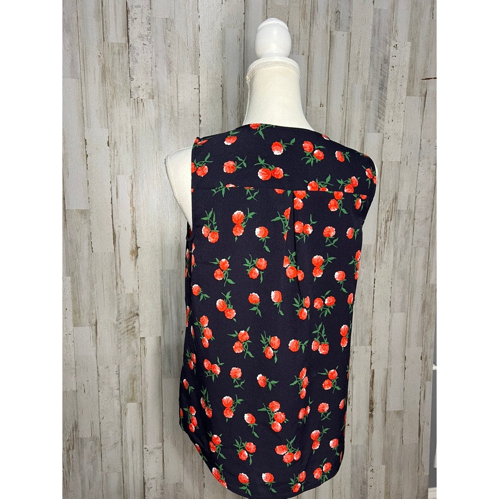 Talbots Petite Women's Sleeveless Raspberry Print Blouse Navy Size Small