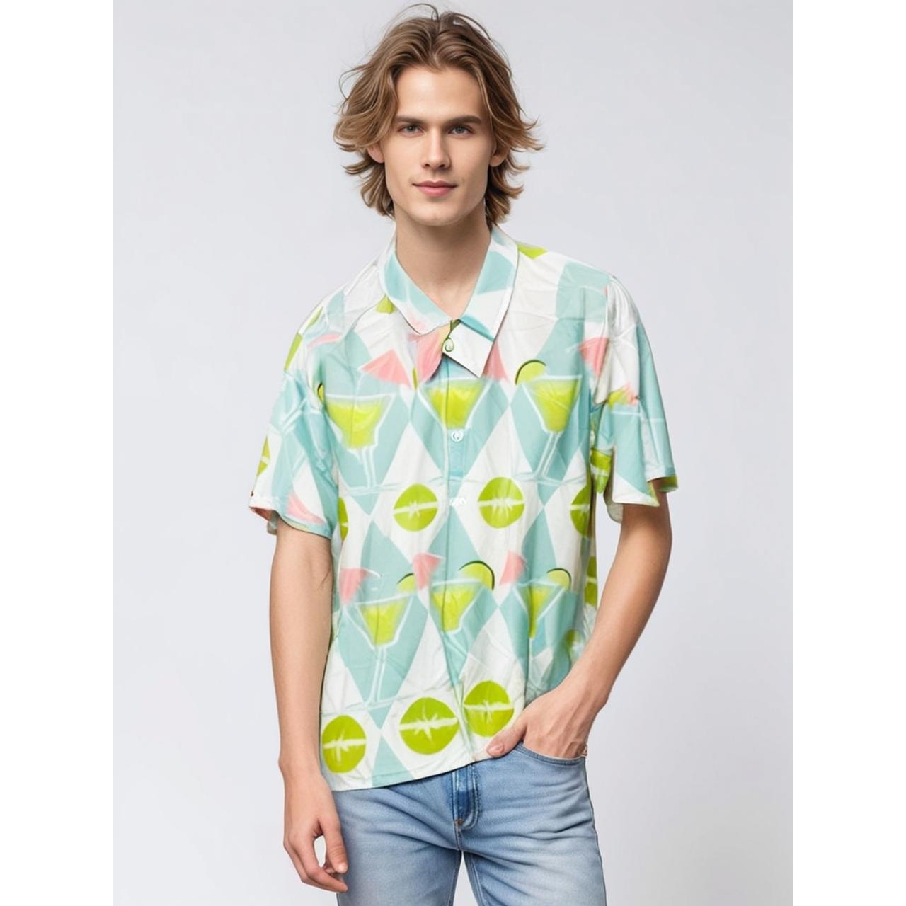 Men's 3XL Margarita Print Green & White Short Sleeve Button-Up Shirt