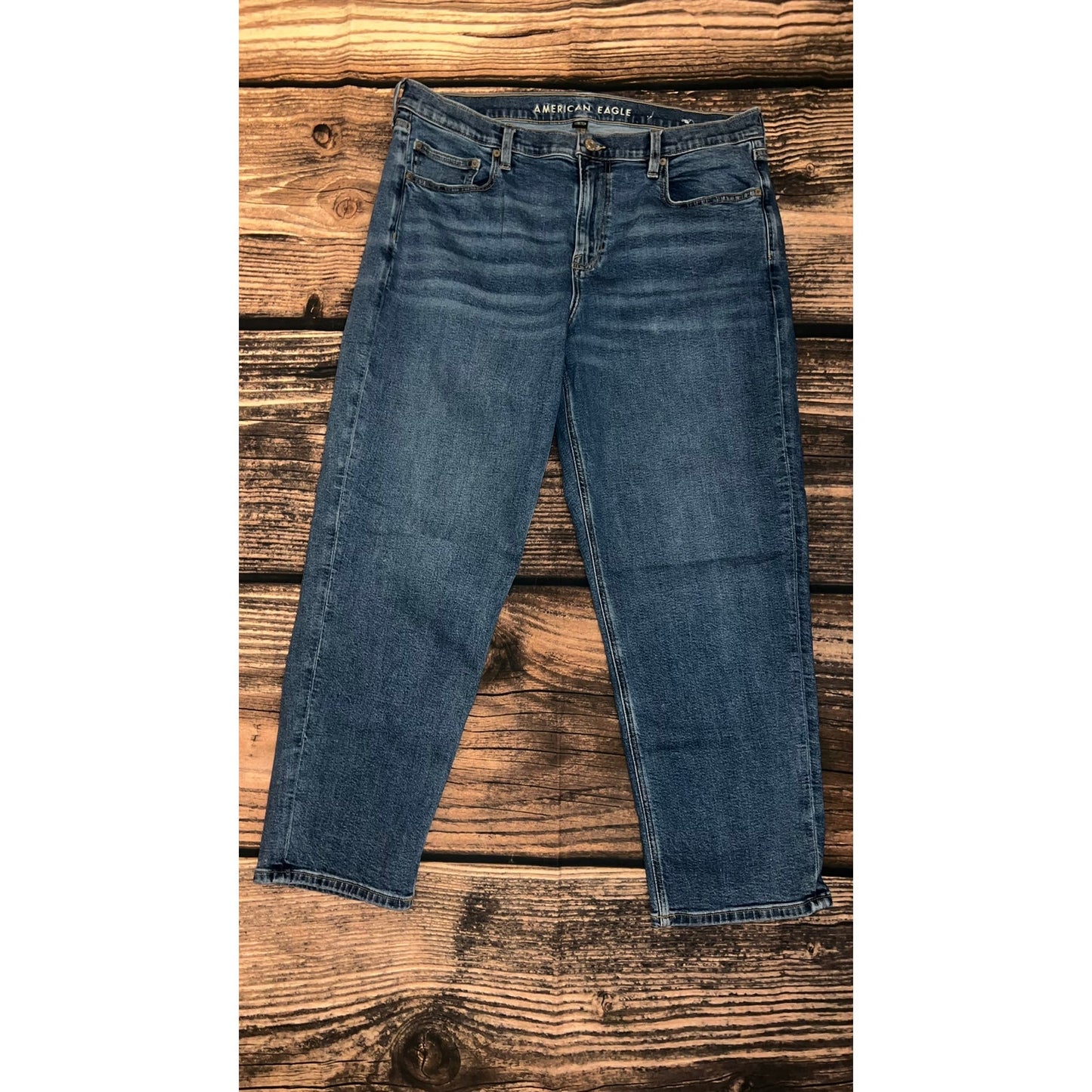 American Eagle Women's '90s Straight Jeans Size 16 Short Blue High-Rise Stretch