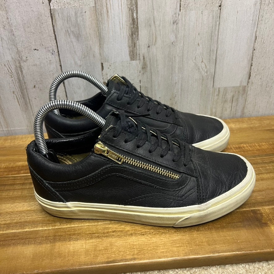 Vans Old Skool Women's Black Leather Sneakers Gold Side-Zip Size 6.5