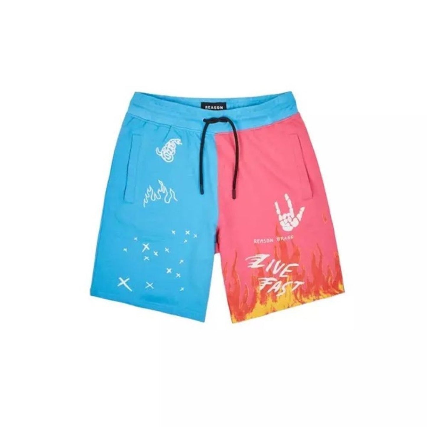 Reason Live Fast Shorts Men's XL Blue Pink Split Color Graphic Streetwear