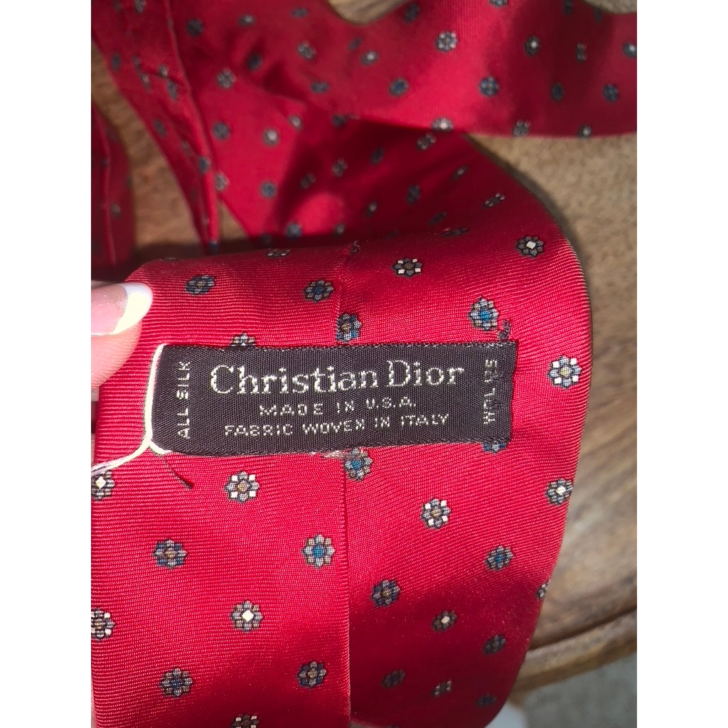 Christian Dior Men's Silk Tie Red Floral Pattern Classic Width