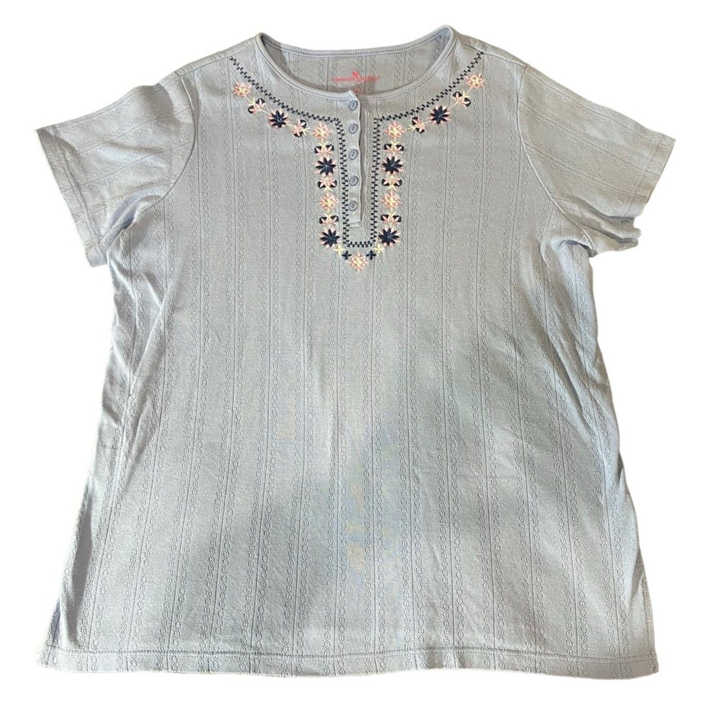 Woman Within Tunic Top Womens Large Light Blue Floral Embroidered Short Sleeve