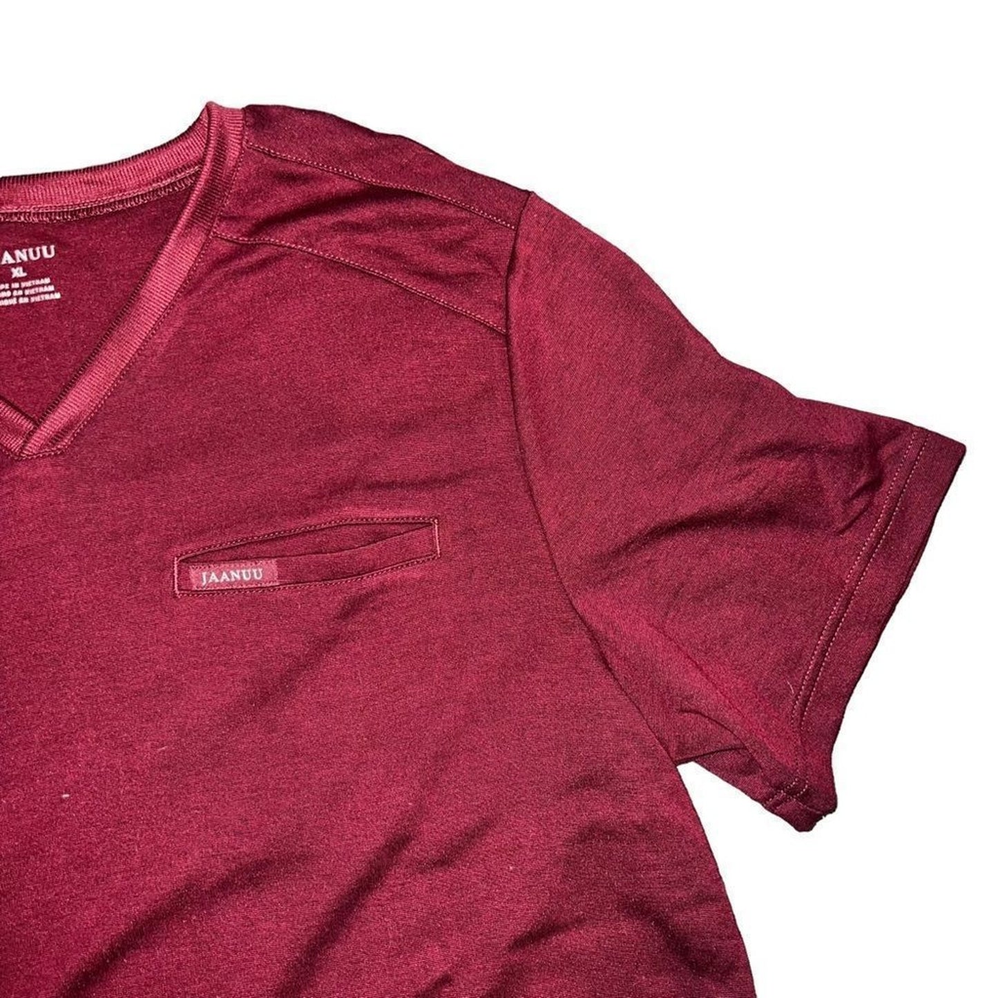 Jaanuu Scrub Top Men's XL Burgundy Wine V-Neck Short Sleeve Chest Zip