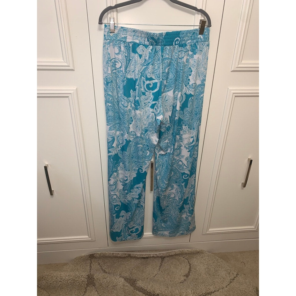 IMAN Women's XL Wide-Leg Paisley Pull-On Pants Blue Casual Shimmer