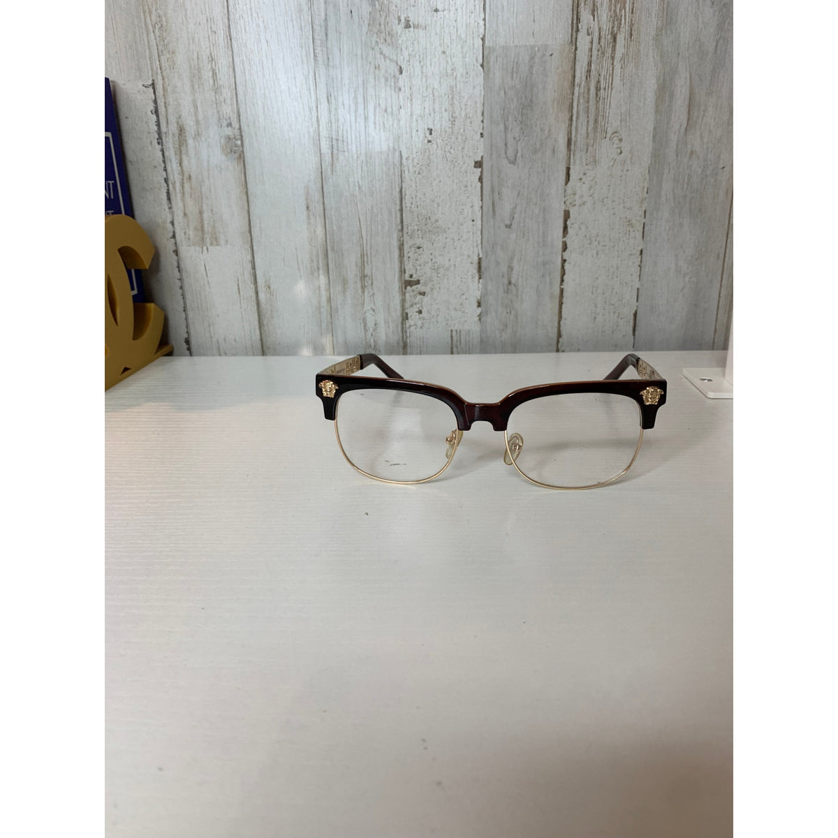 Versace Prescription Eyeglasses Frame Unisex Brown Gold Semi-Rimless Clubmaster Medusa