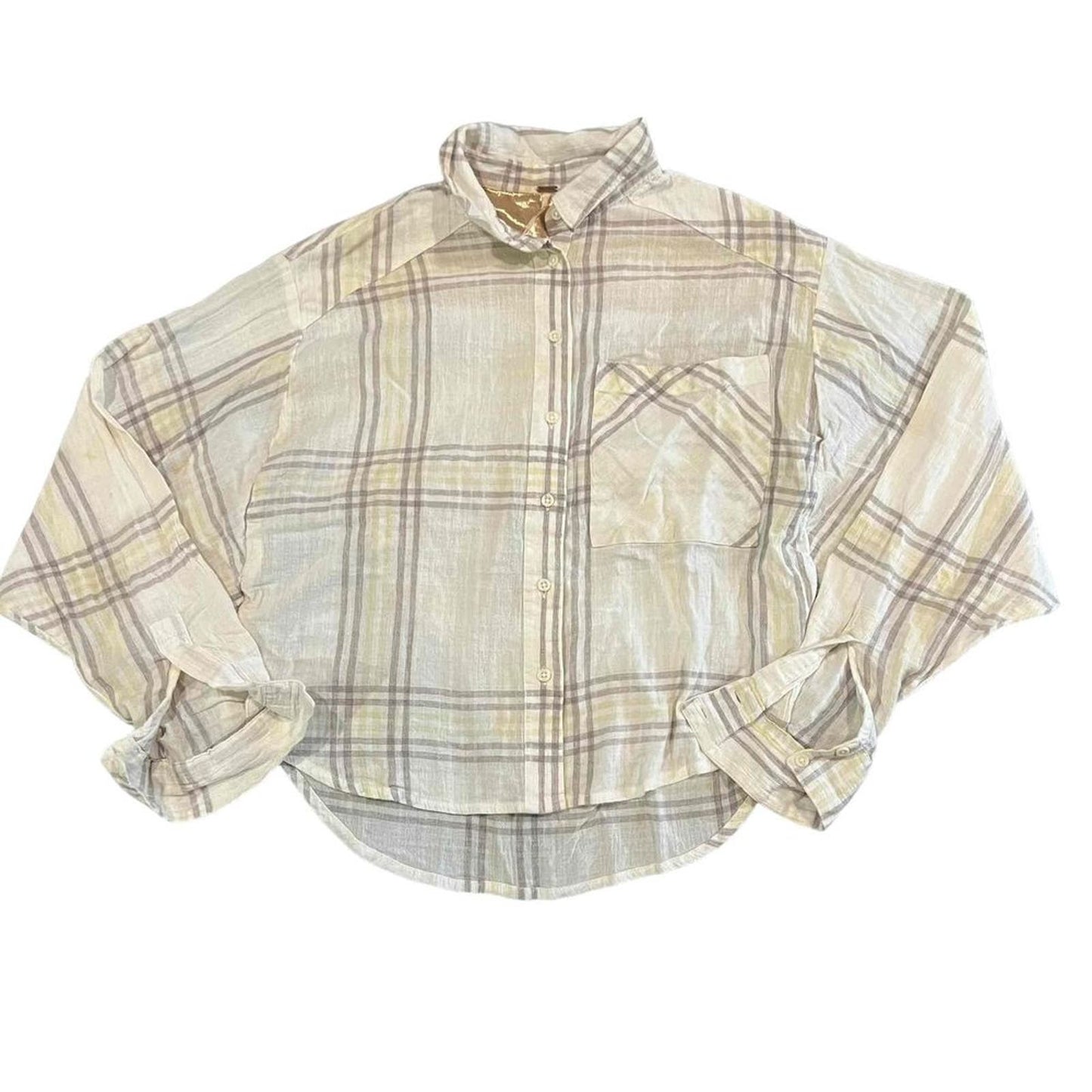 Free People Small Beige Plaid Cropped Batwing Long Sleeve ButtonUp Shirt