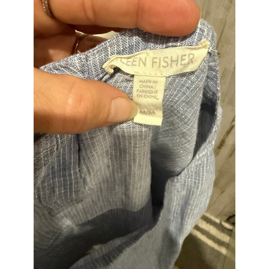 Eileen Fisher Tunic Blouse Womens Medium Blue White Pinstripe Short Sleeve