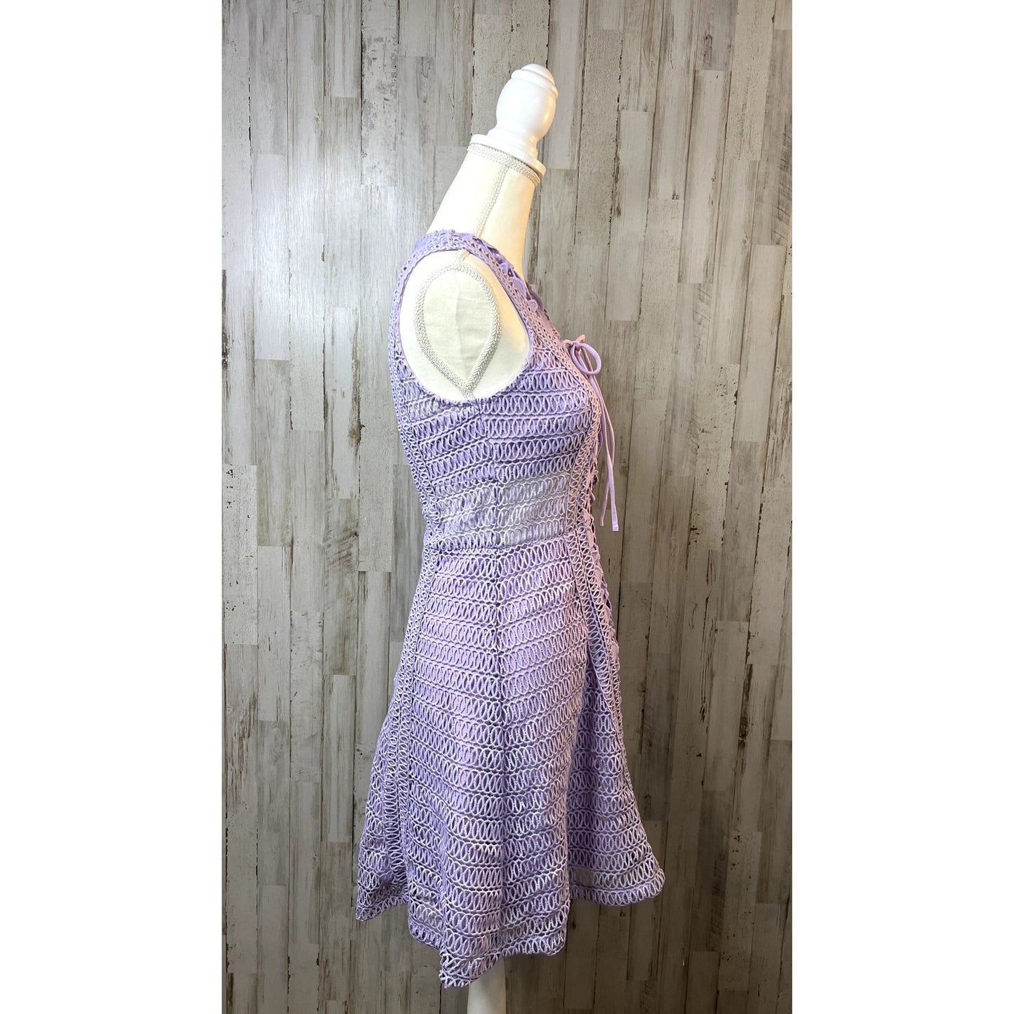 Aqua Crochet Lace Up Fit & Flare Lavender Dress Small Sleeveless Knee Length