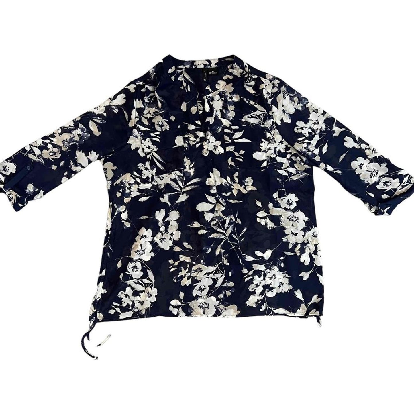 New Directions Women's XL Navy Floral Print Long Sleeve Blouse