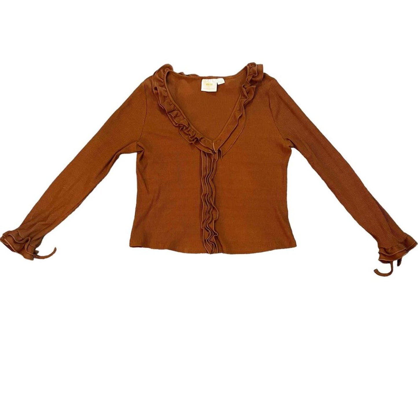 Maeve by Anthropologie Cropped Ruffle V-Neck Cedar Long Sleeve Top Women's XL