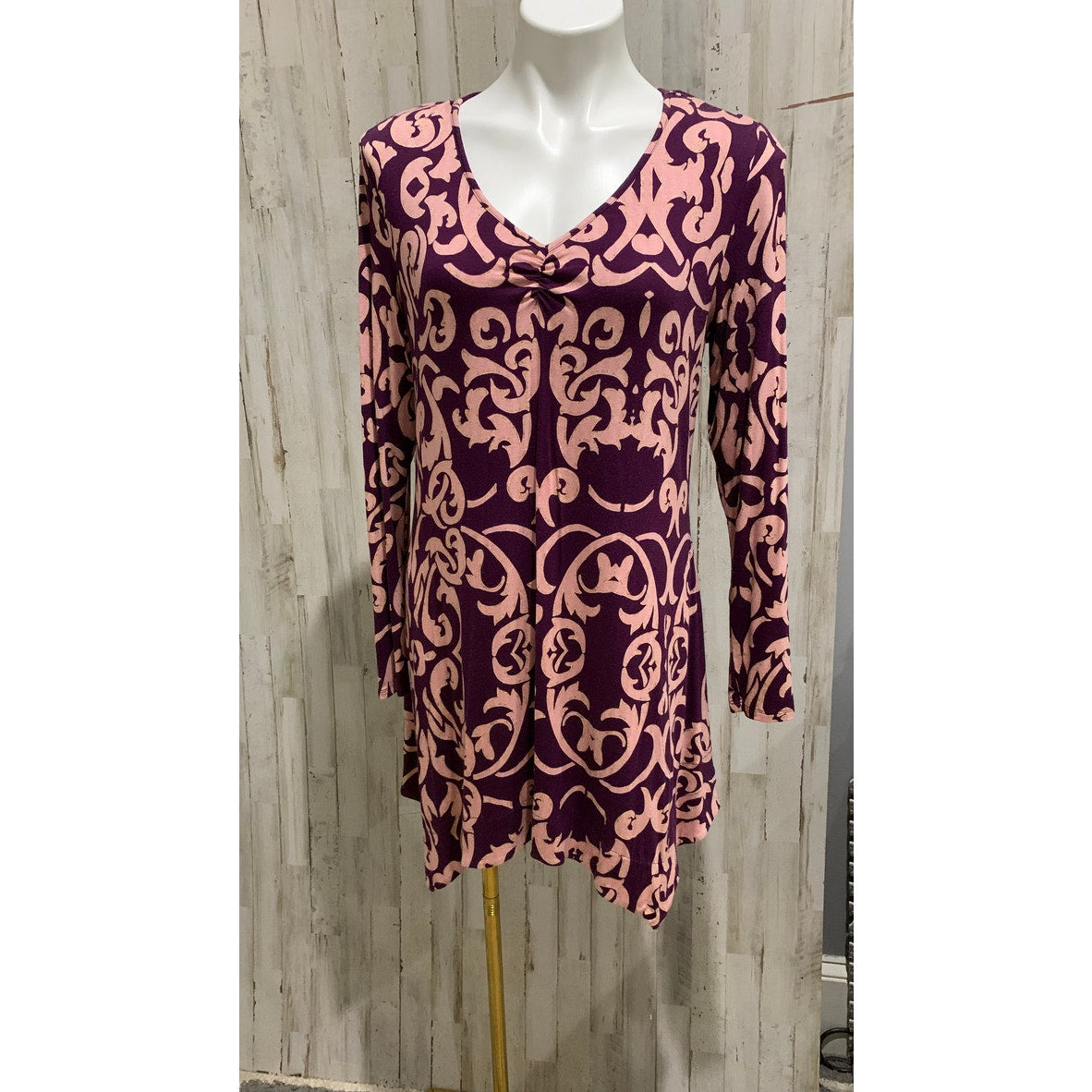 Soma Tunic Dress Womens Medium Plum Purple Geo Print Split Sleeve