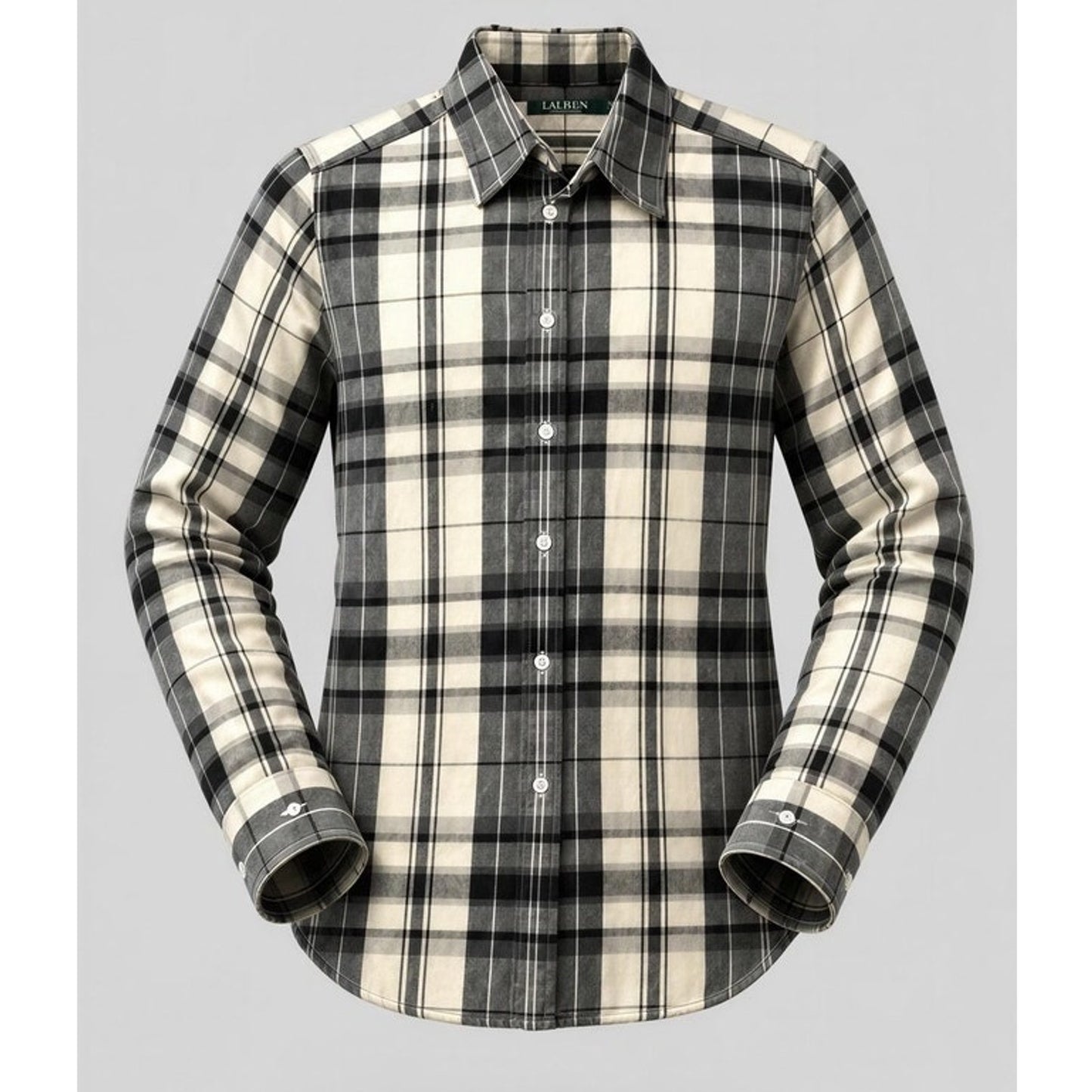 Lauren Ralph Lauren Button-Up Shirt Womens Size Small Plaid Black Cream Long