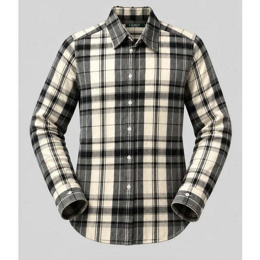 Lauren Ralph Lauren Button-Up Shirt Womens Size Small Plaid Black Cream Long