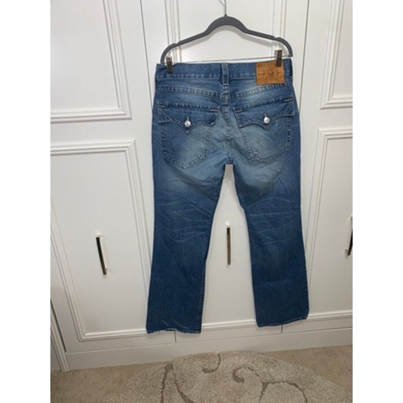 True Religion Men's Blue Straight Jeans Size 34 Distressed Flap Pockets