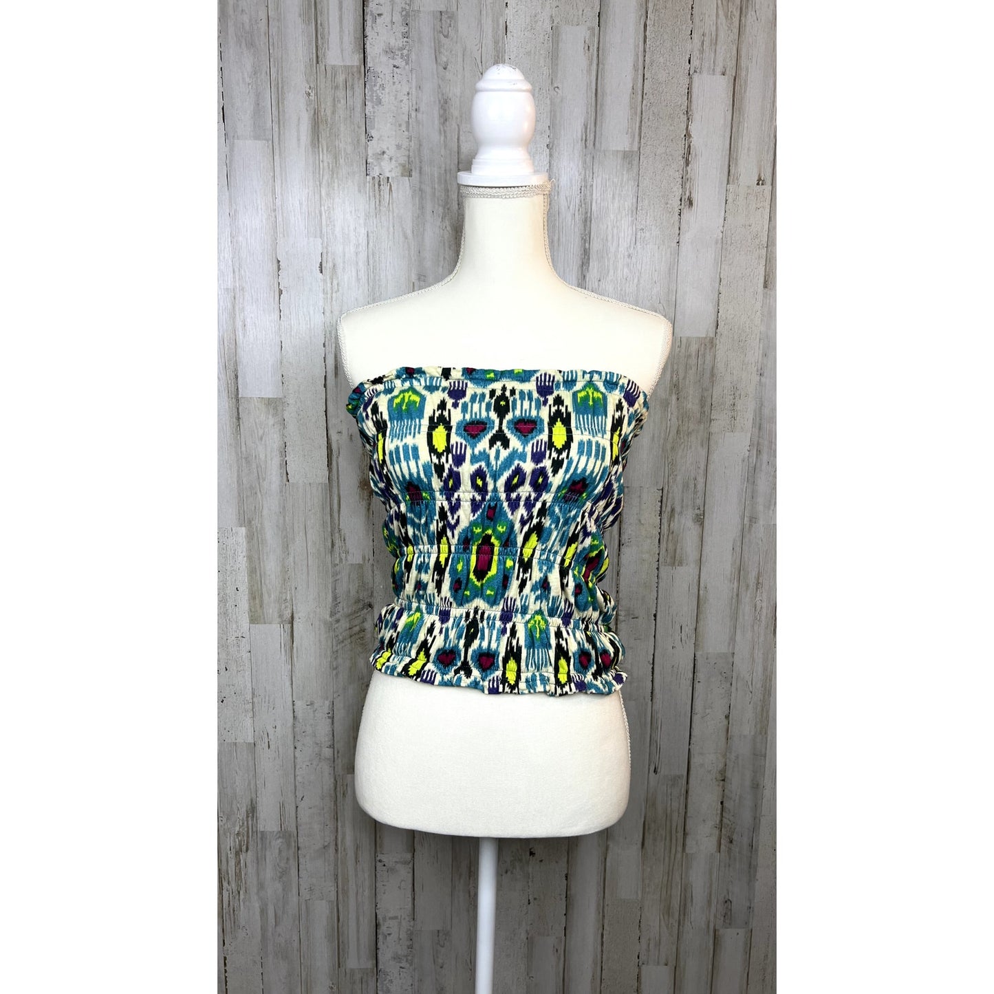 Anthropologie Women's Smocked Tube Top XS Blue/Green Ikat Print Strapless Tank