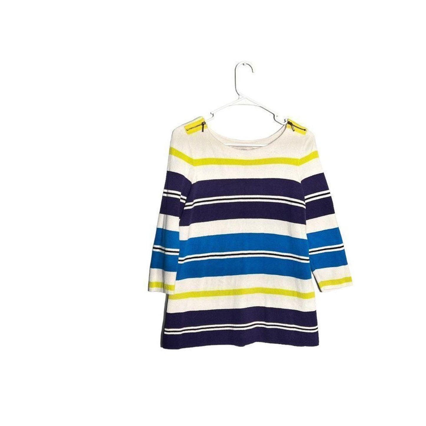 LOFT Blue Sporty Stripe Zip Shoulder 3/4 Slv Knit Sweater Shirt