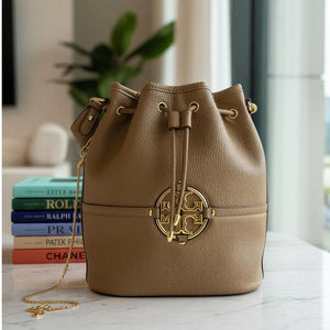 Tory Burch Tan Pebbled Leather Bucket Bag Drawstring Crossbody Gold Logo