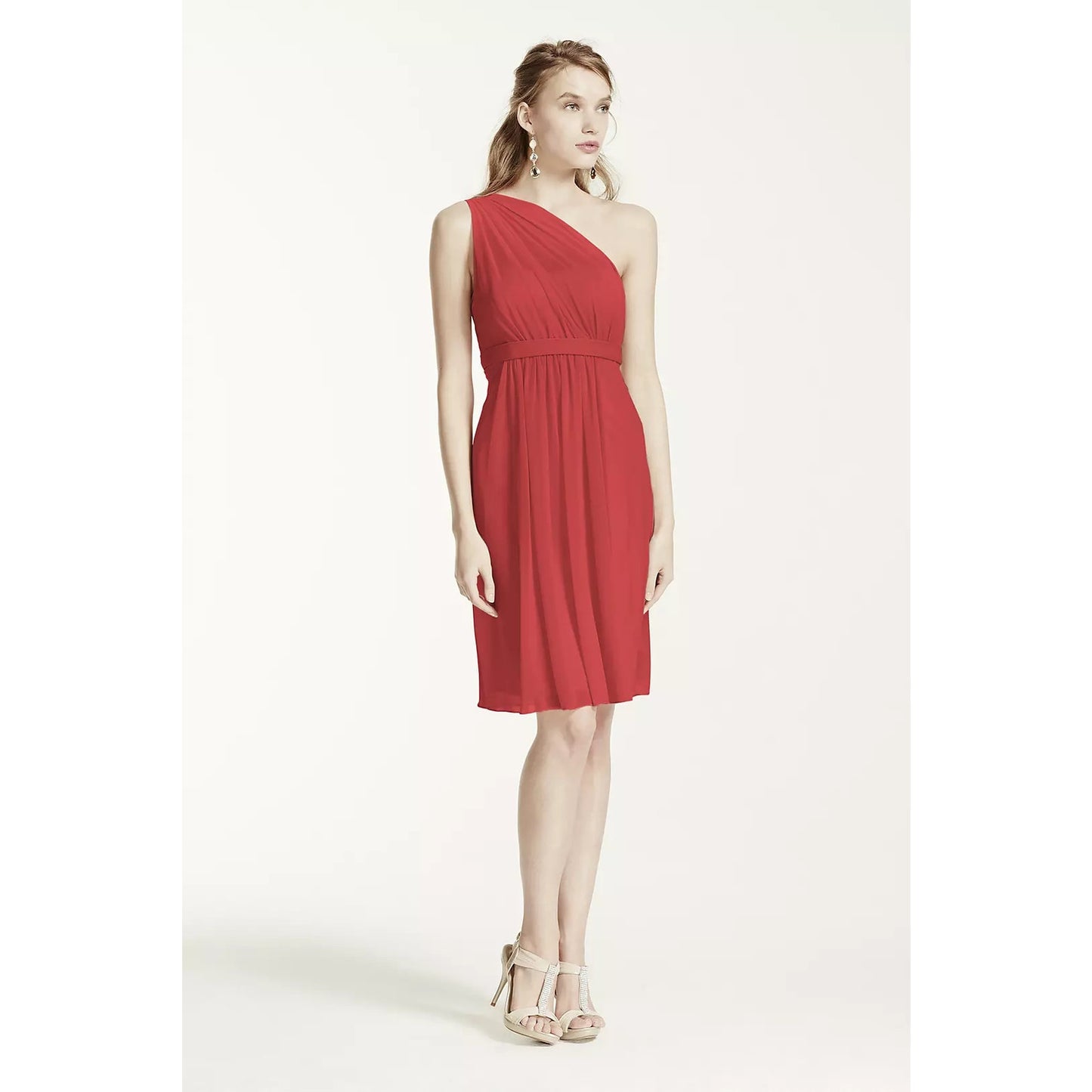 David's Bridal Women's 2 Red/Cherry One Shoulder Short Dress w/ Illusion Neck