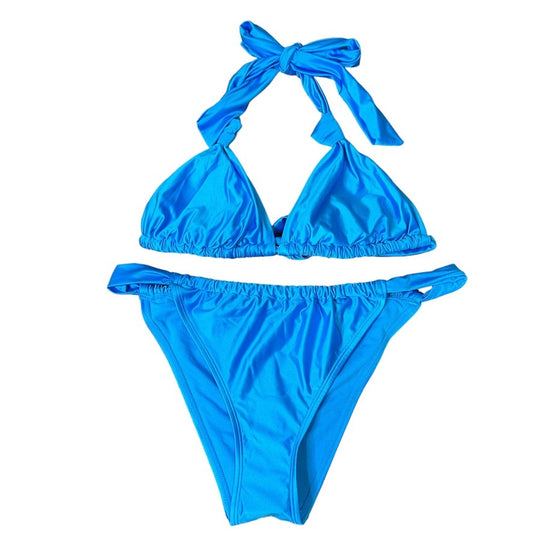 NWT Wild Fable Women's Medium Blue Cheeky Triangle Halter Bikini Set