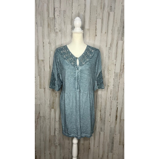 Soft Surroundings Women's Blue Lace Accent Tunic Top 3/4 Sleeve PL Casual Spring