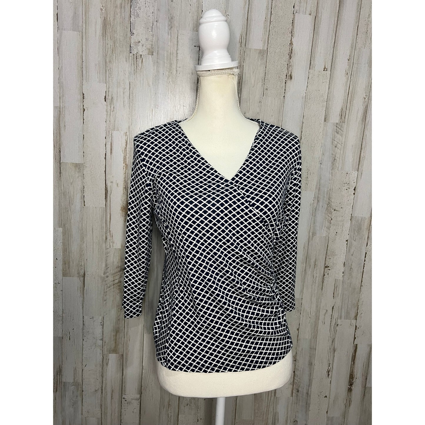 Talbots Petites Womens Small Navy Geometric Print 3/4 Sleeve  V-Neck Wrap Blouse