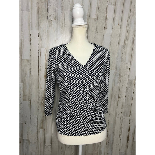 Talbots Petites Womens Small Navy Geometric Print 3/4 Sleeve  V-Neck Wrap Blouse