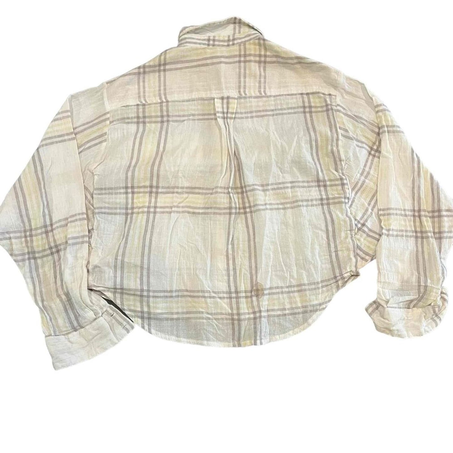 Free People Small Beige Plaid Cropped Batwing Long Sleeve ButtonUp Shirt