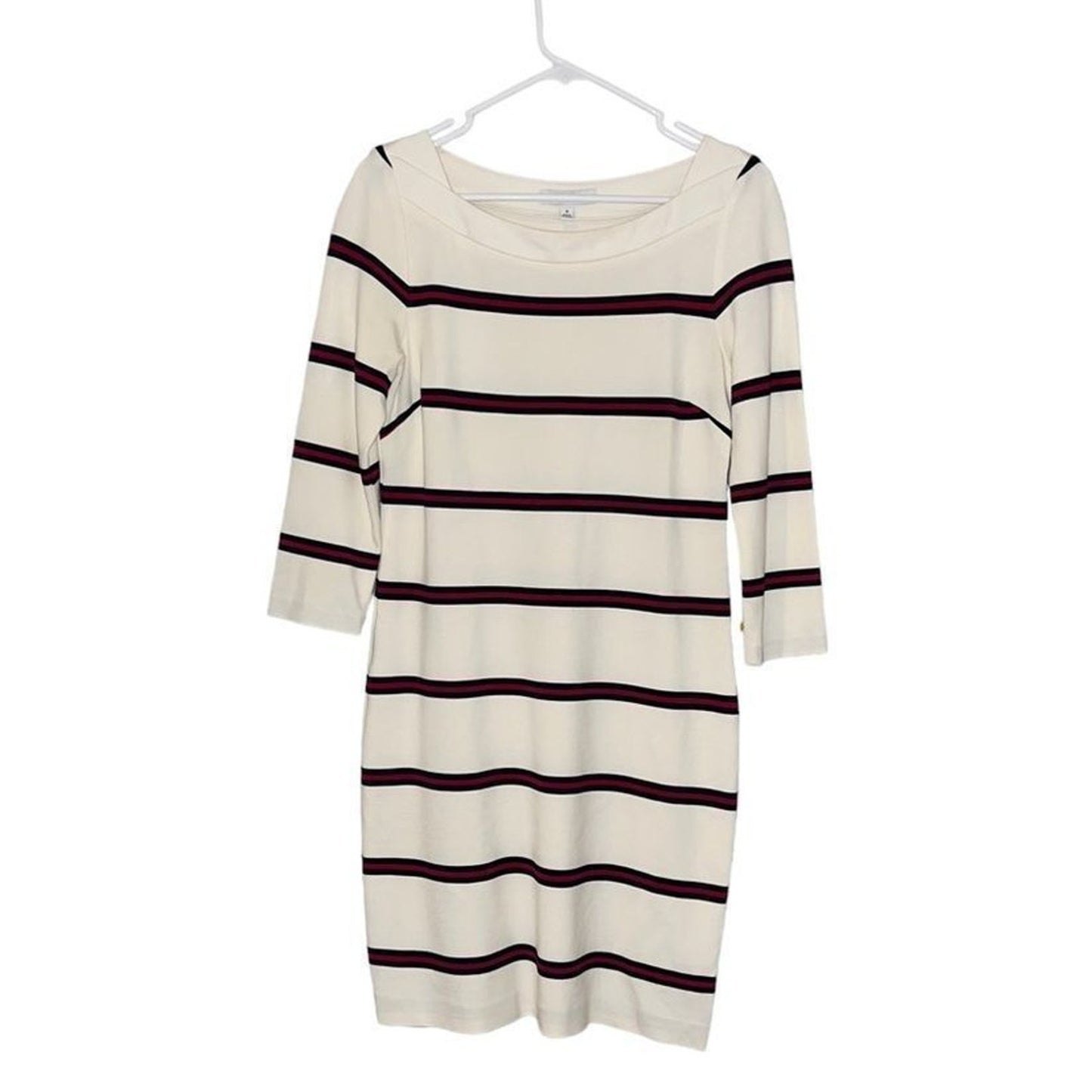 Banana Republic Dress Women's Size 6 Ivory Burgundy Black Striped Sheath
