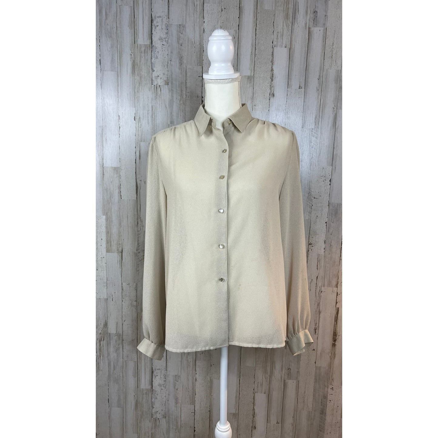 Vintage Chester Weinberg Women's 14 Beige Silk Button-Up Long Sleeve Blouse