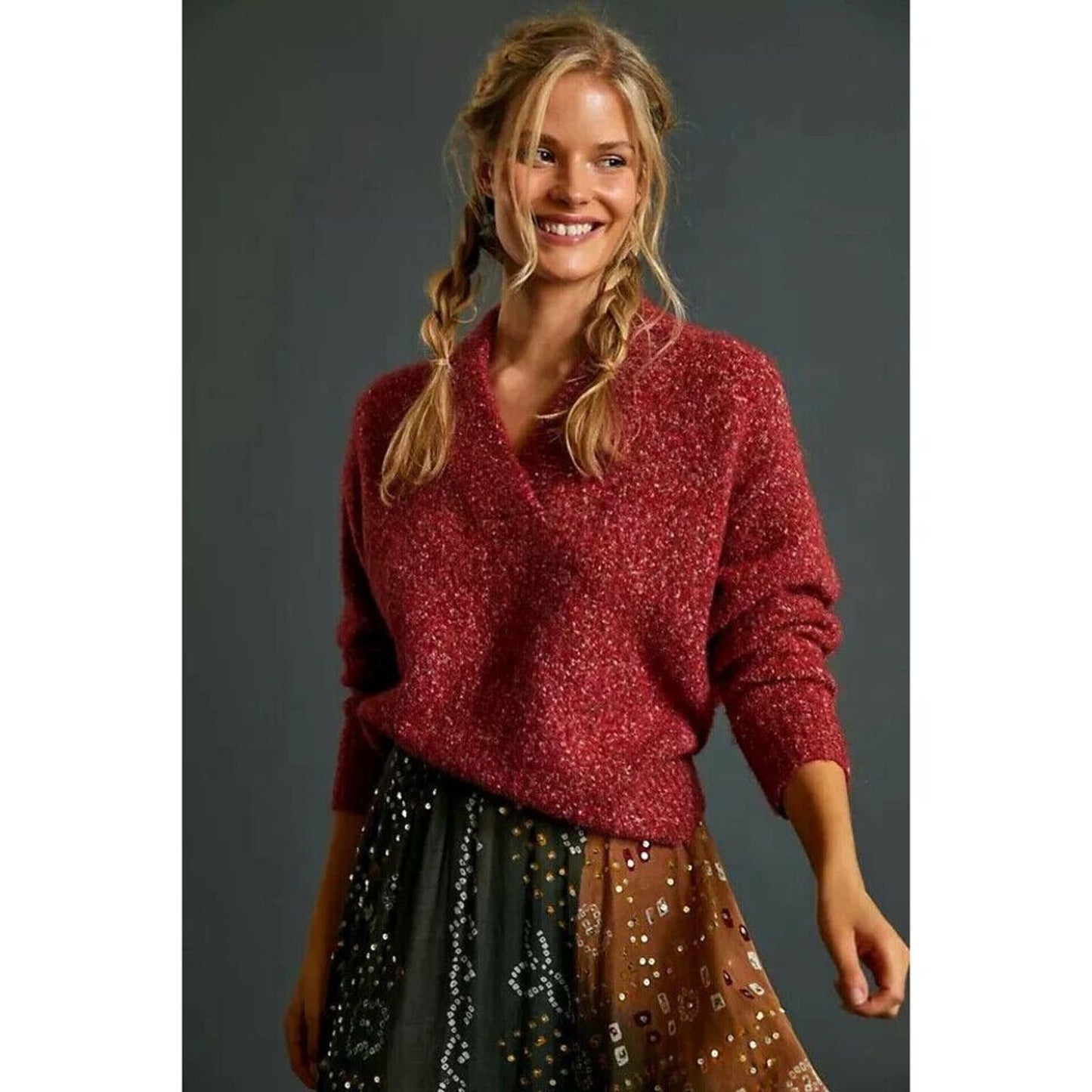 Anthropologie Frances Shimmer Cropped Sweater Red Motif Cabernet Size Small