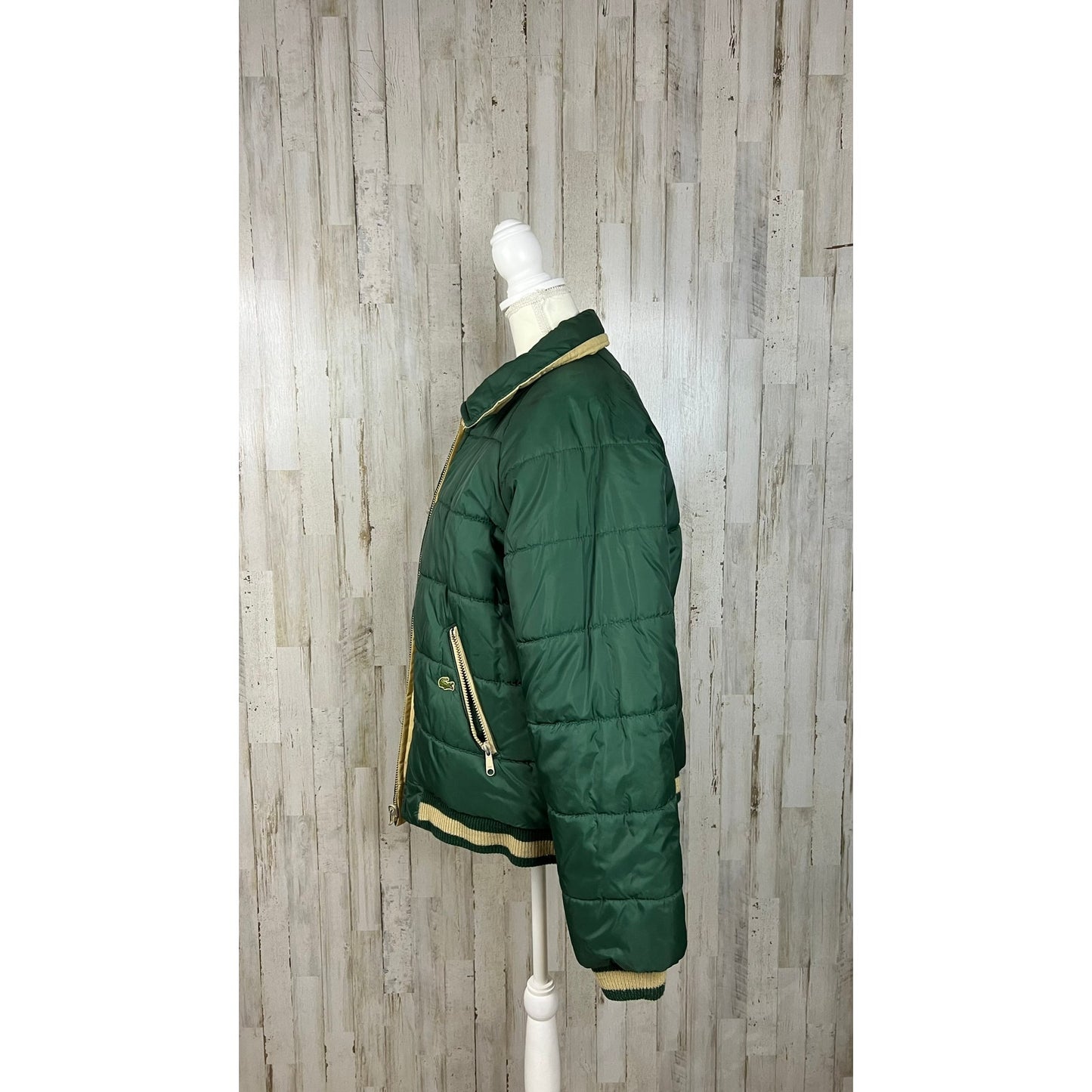 VINTAGE Lacoste Men's Large Green & Beige Reversible Thick Winter Puffer Jacket