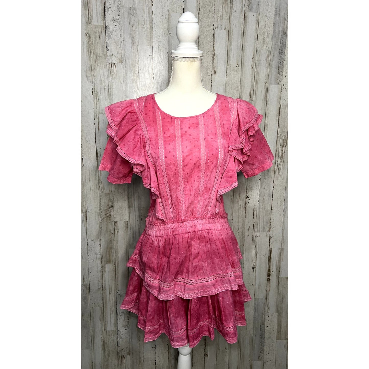 LoveShackFancy Natasha Mini Dress Women's Size Large Pink Ruffle Scoop Neck
