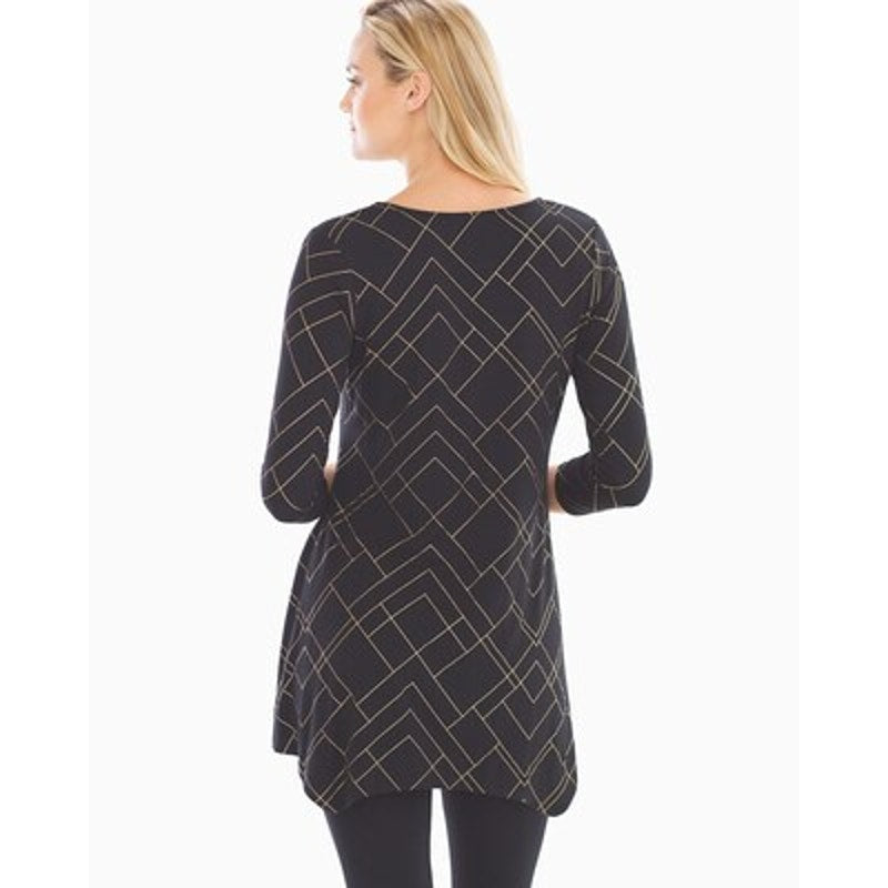 Soma Women's Medium Black & Gold Geometric Print 3/4 Sleeve Tunic Blouse