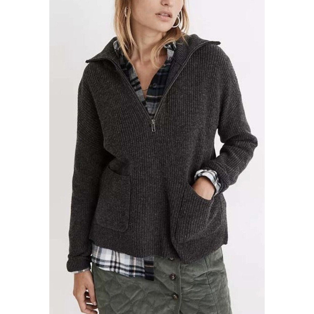 Madewell Women's XS Gray Ribbed Knit 1/4 Zip High Neck Sweater