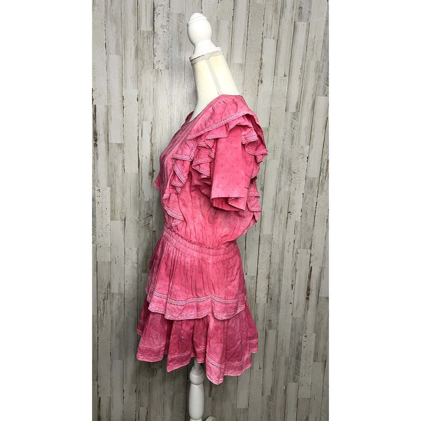 LoveShackFancy Natasha Mini Dress Women's Size Large Pink Ruffle Scoop Neck