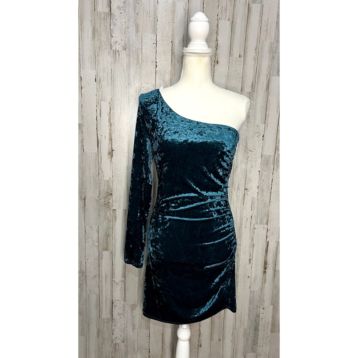 Lulus Women's One-Shoulder Mini Dress Teal Crushed Velvet Size Medium