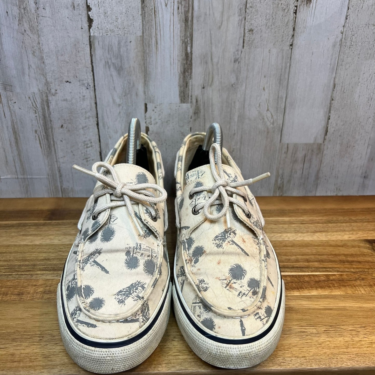 Vintage Sperry Top-Sider Women's 10M Canvas Boat Shoes White Palm Tree Print