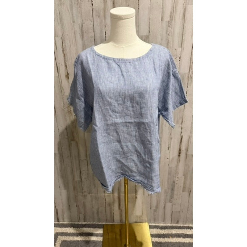 Eileen Fisher Tunic Blouse Womens Medium Blue White Pinstripe Short Sleeve