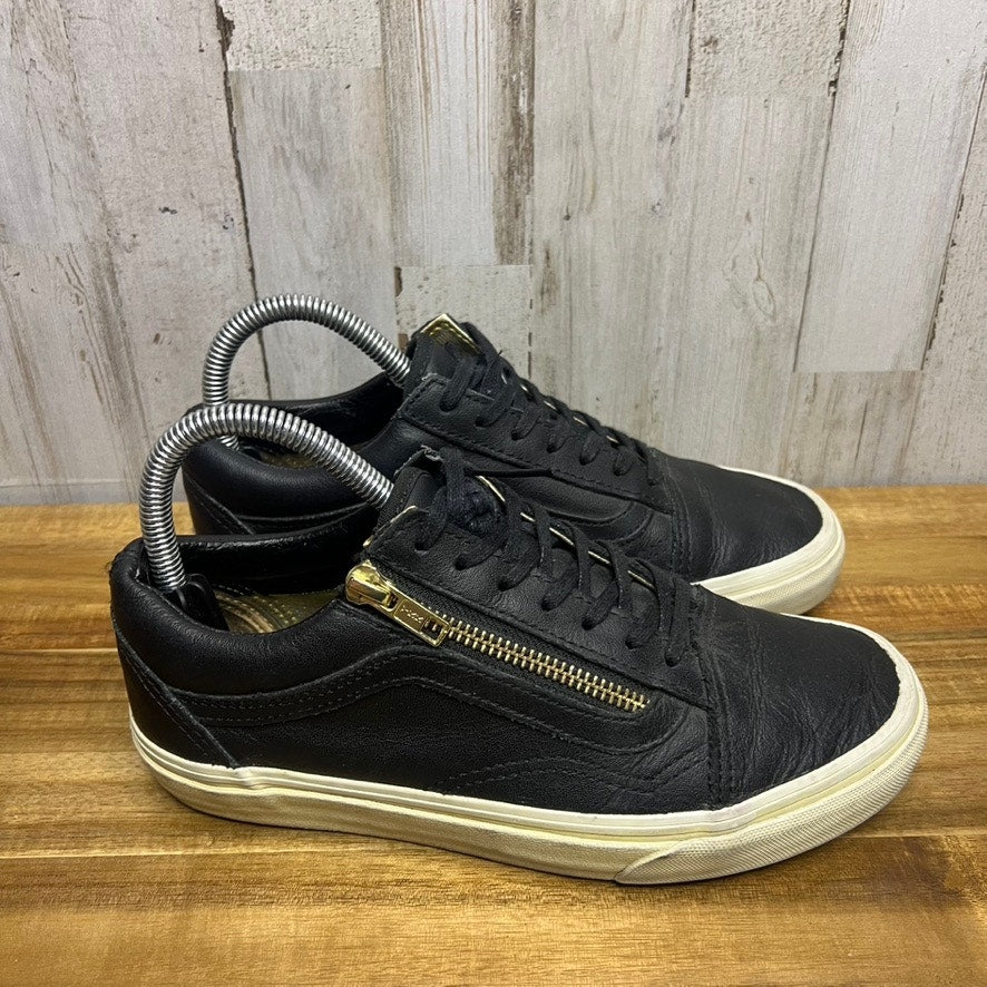 Vans Old Skool Women's Black Leather Sneakers Gold Side-Zip Size 6.5