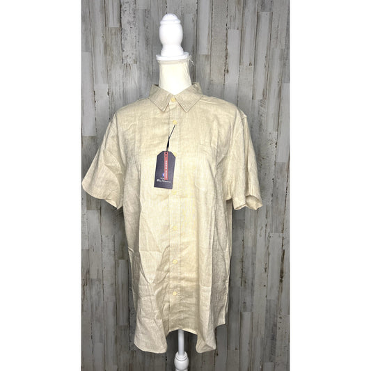 NWT Ben Sherman Men's Beige Linen Blend Short Sleeve Button-Down Shirt Medium