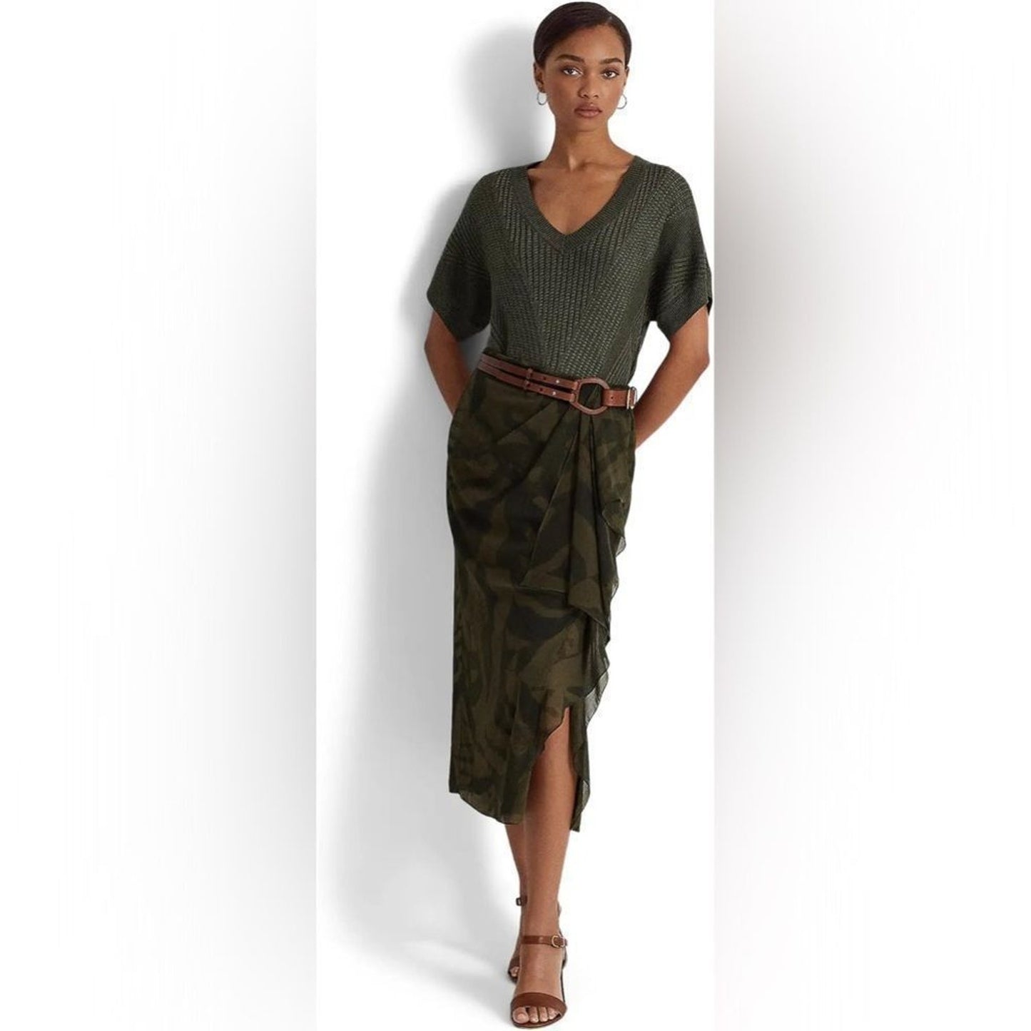 NWT Lauren Ralph Lauren Skirt Womens Size 2 Green Zebra Print Wrap Midi Ruffle