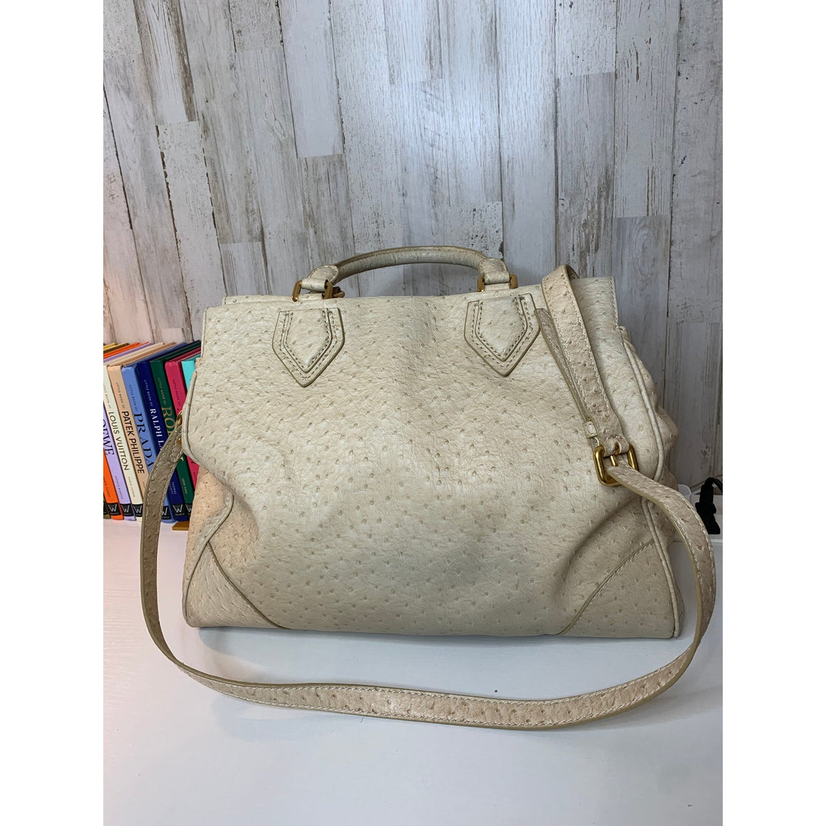 Marc by Marc Jacobs Cream Ostrich Embossed Satchel Bag Gold Hardware Leather Crossbody