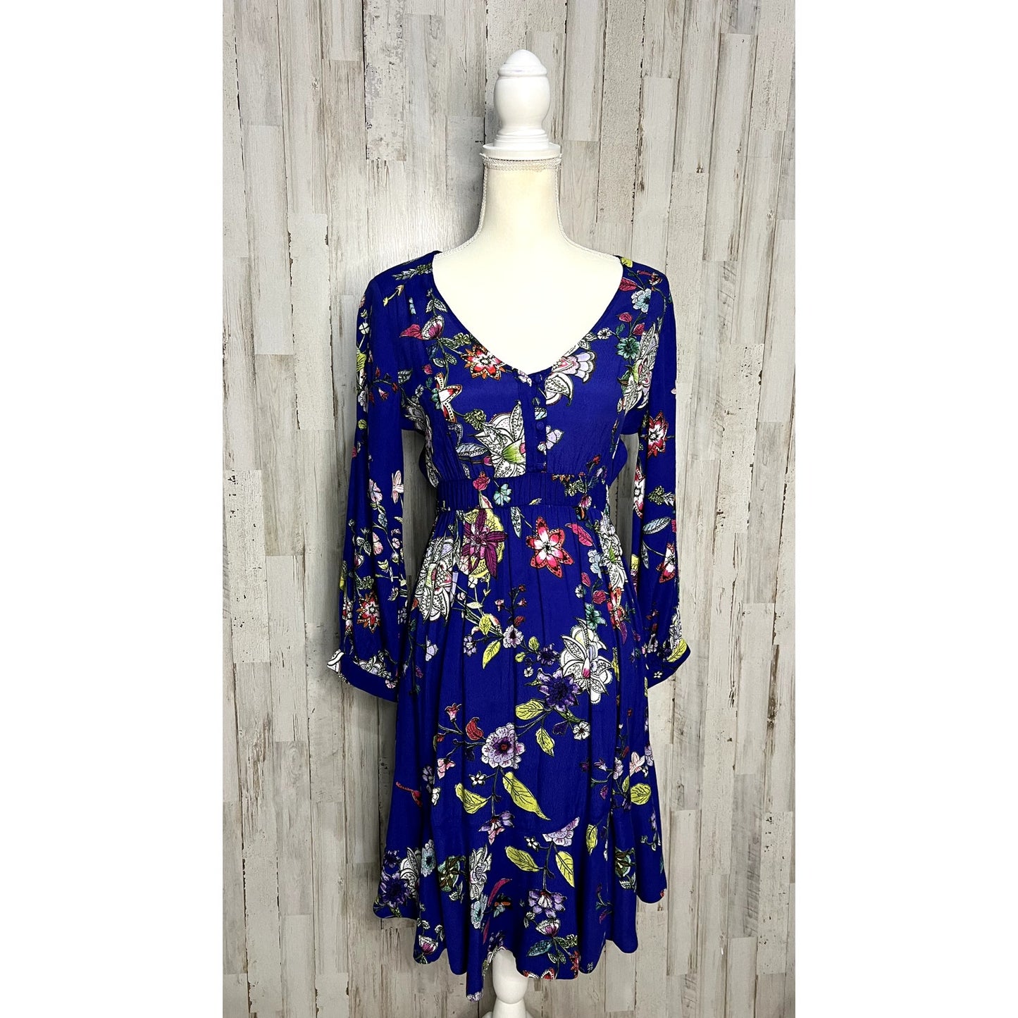 Maeve by Anthropologie Women's XS Blue Floral Long Sleeve Knee Length Dress